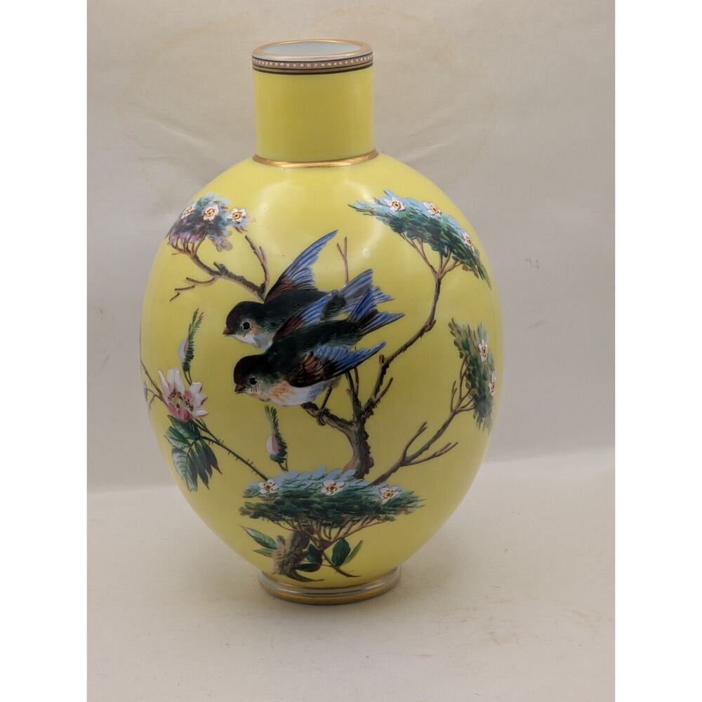Bohemian Vase Yellow With Sparrows and Flowers Antique 1890 To 1910 Victorian